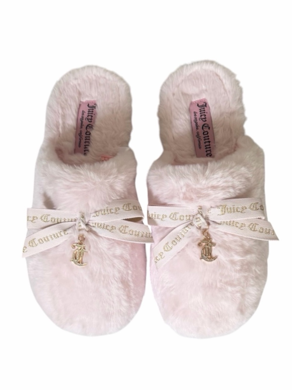 Juicy Couture Light Pink Faux Fur Bow Slippers with JC Logo Charm Size 8/9